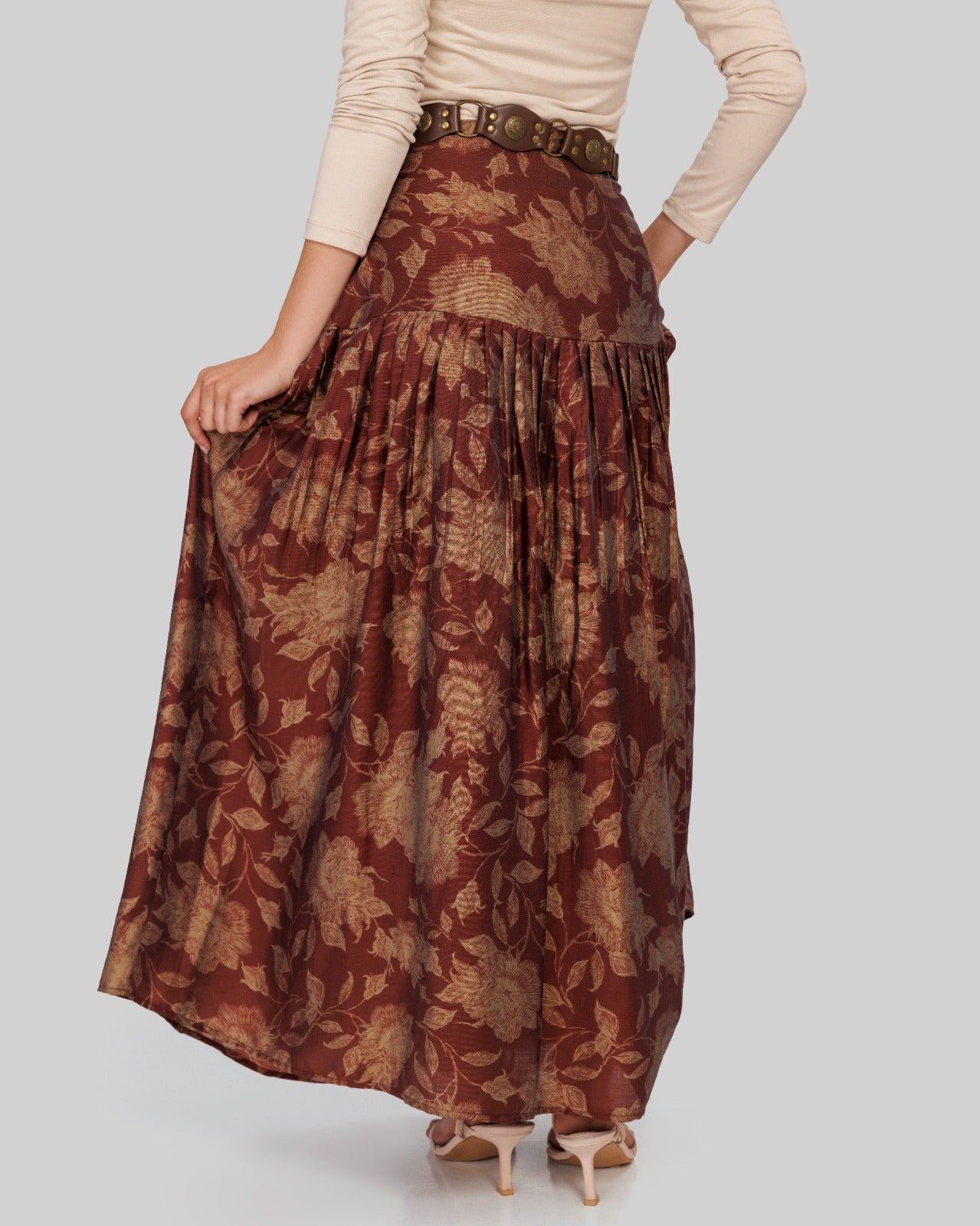 flowered plisse skirt-MAROON