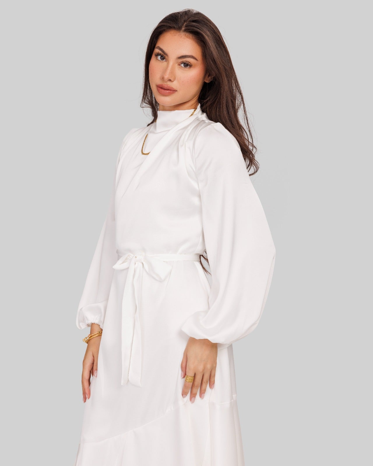 RUFFLE SATIN DRESS-WHITE