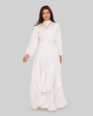 RUFFLE SATIN DRESS-WHITE