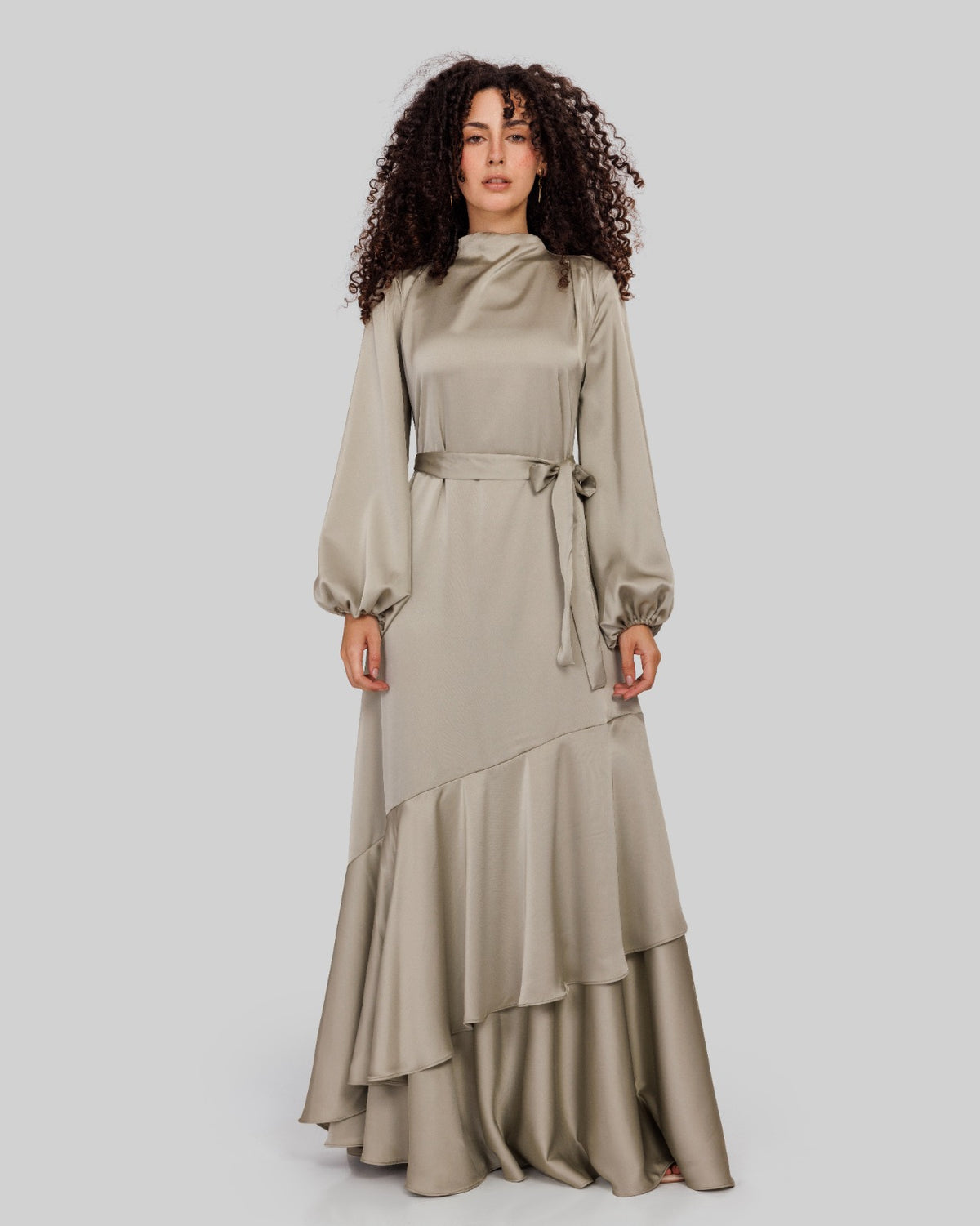 RUFFLE SATIN DRESS-OLIVE
