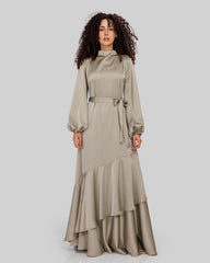 RUFFLE SATIN DRESS-OLIVE
