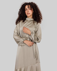 RUFFLE SATIN DRESS-OLIVE