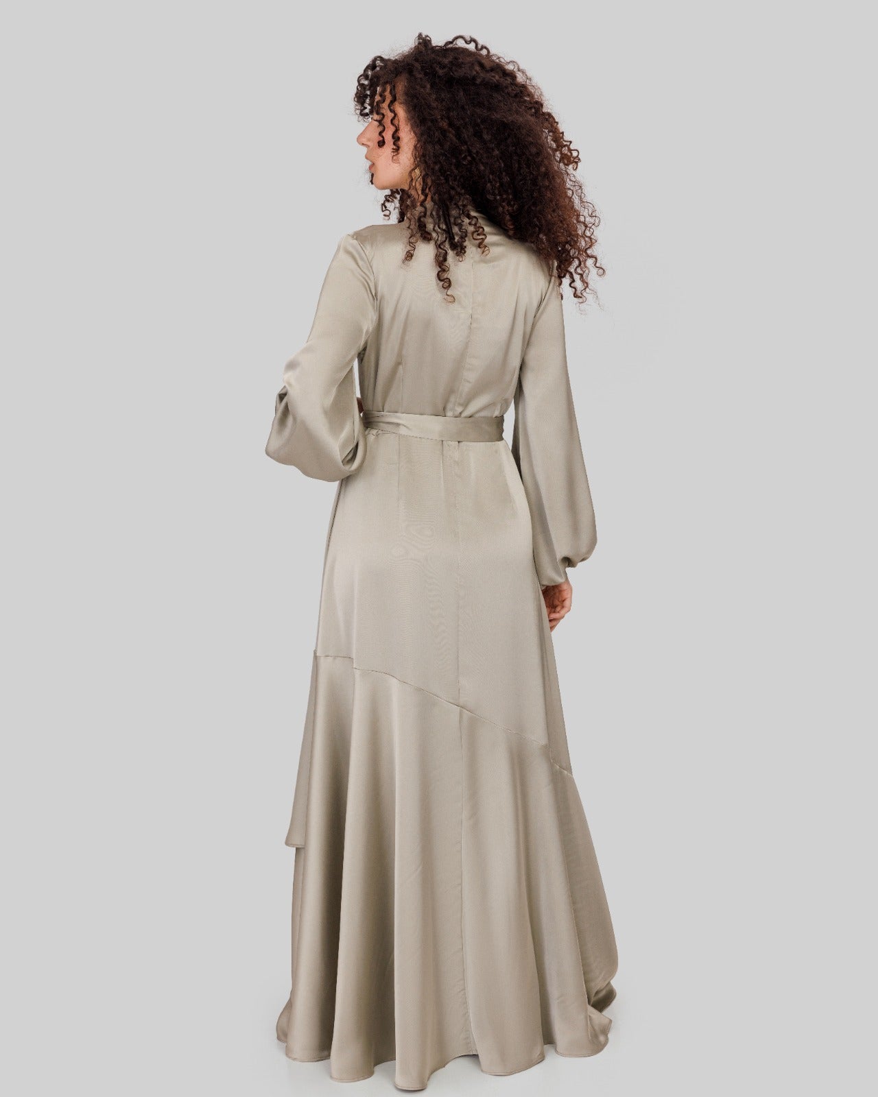 RUFFLE SATIN DRESS-OLIVE