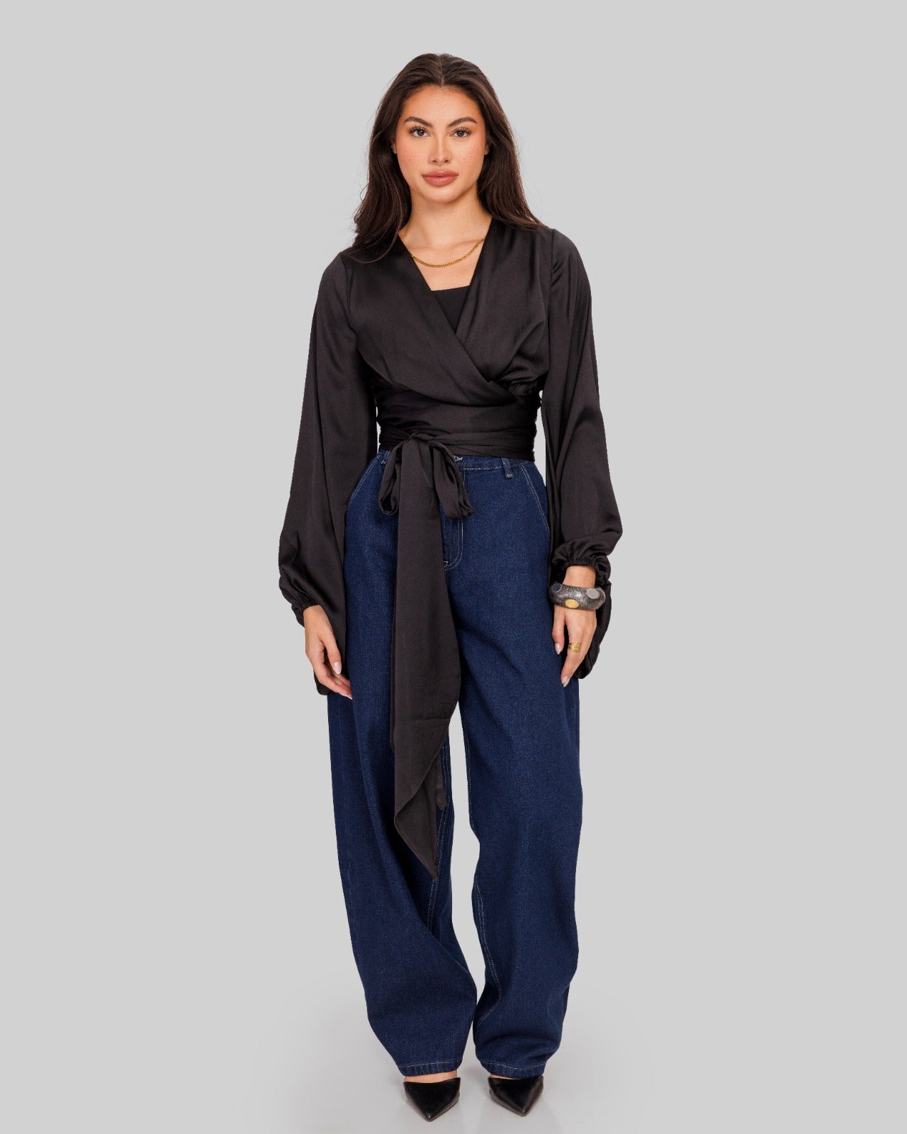 WRAPPED SATIN BLOUSE-BLACK