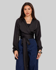 WRAPPED SATIN BLOUSE-BLACK