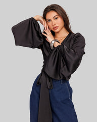 WRAPPED SATIN BLOUSE-BLACK