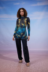 GOLD FEATHER SWIMSUIT TOP-BLUE BLACK ( MODEST LOOK )