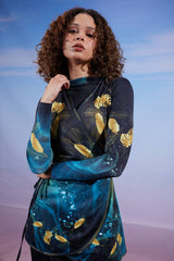 GOLD FEATHER SWIMSUIT TOP-BLUE BLACK ( MODEST LOOK )