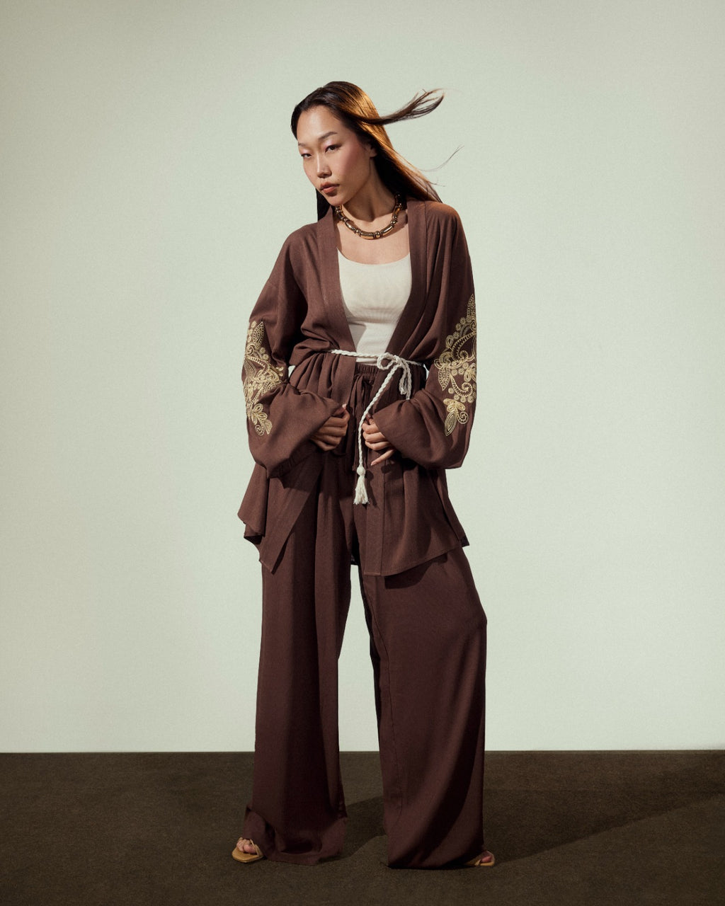 plain wide leg pants-BROWN