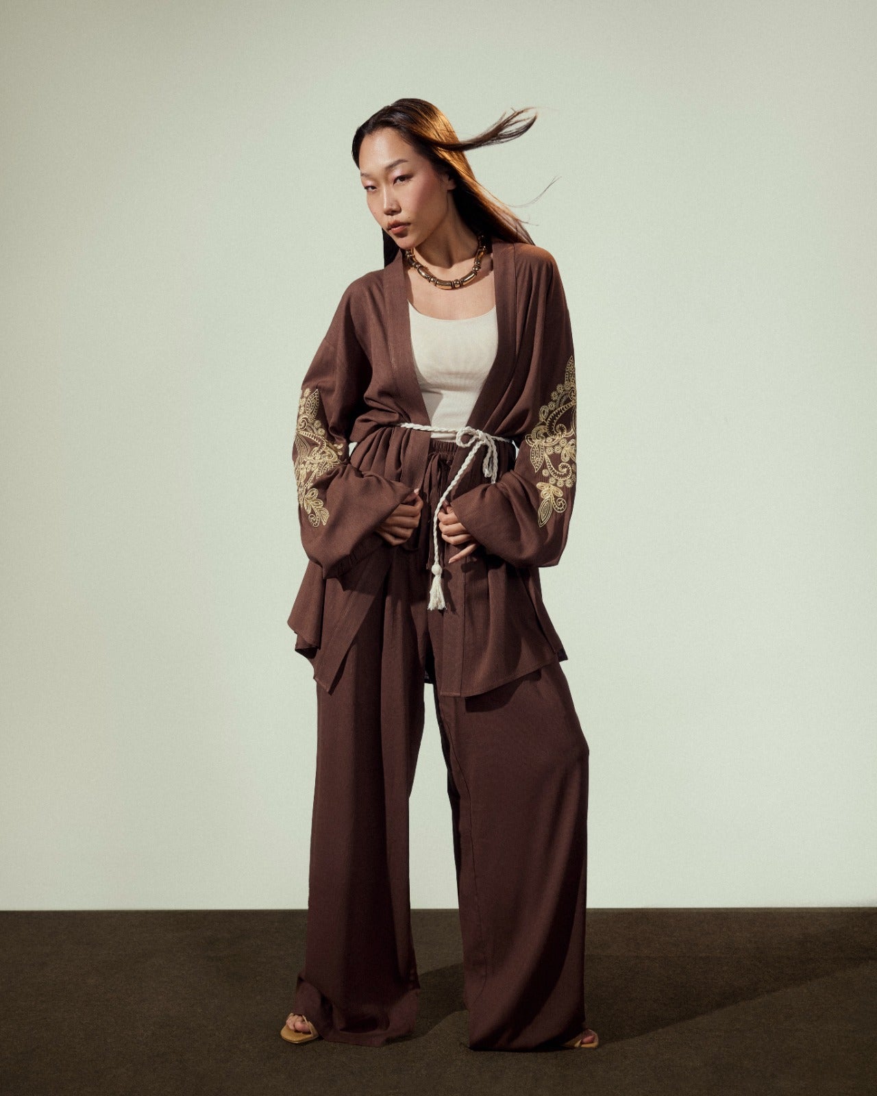plain wide leg pants-BROWN