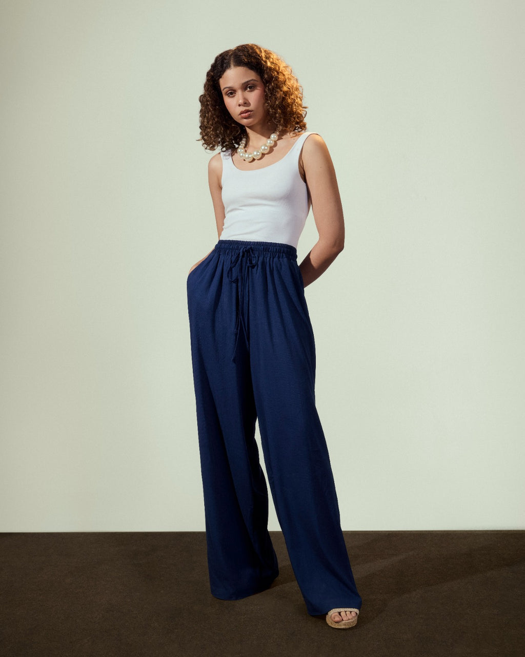 plain wide leg pants-BLUE BLACK