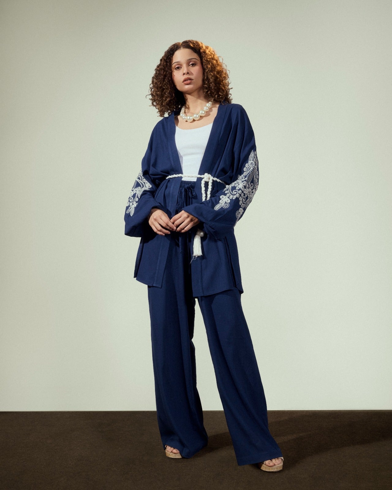 plain wide leg pants-BLUE BLACK