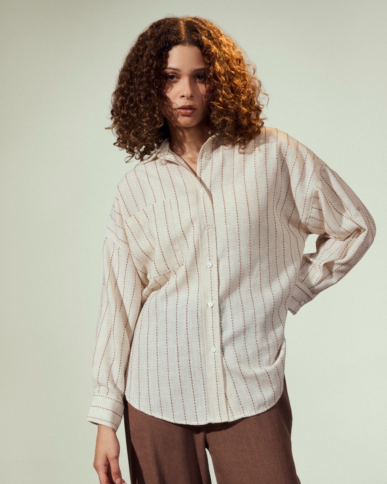 STRIPED LINEN SHIRT-BROWN