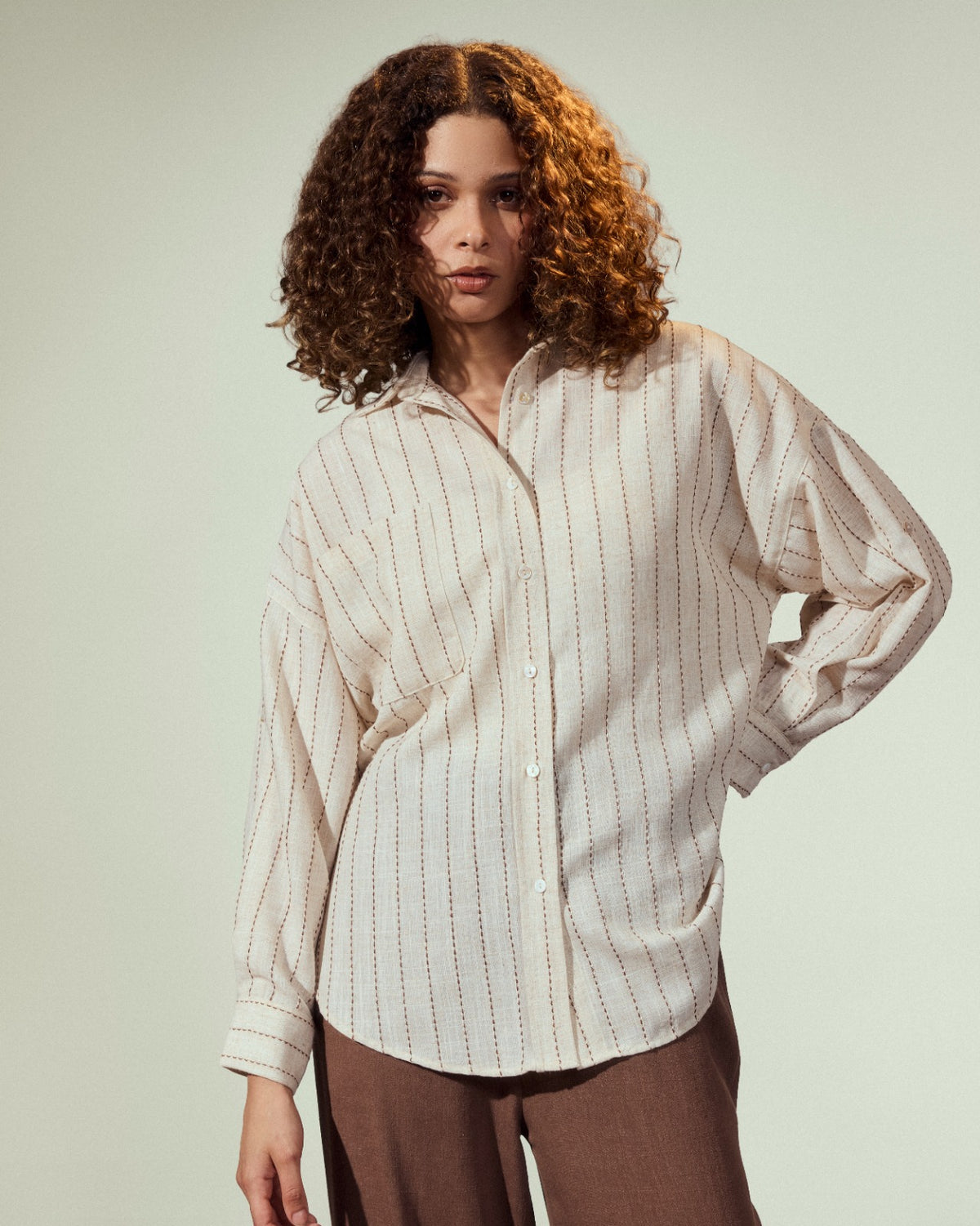 STRIPED LINEN SHIRT-BROWN