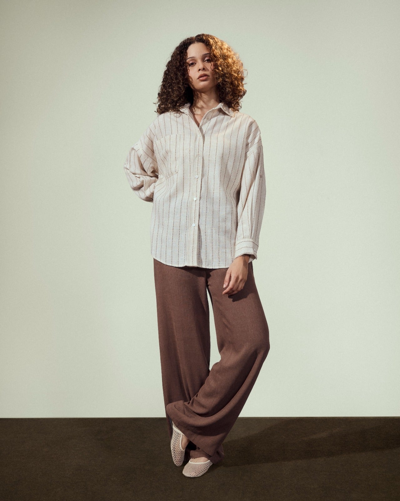 STRIPED LINEN SHIRT-BROWN