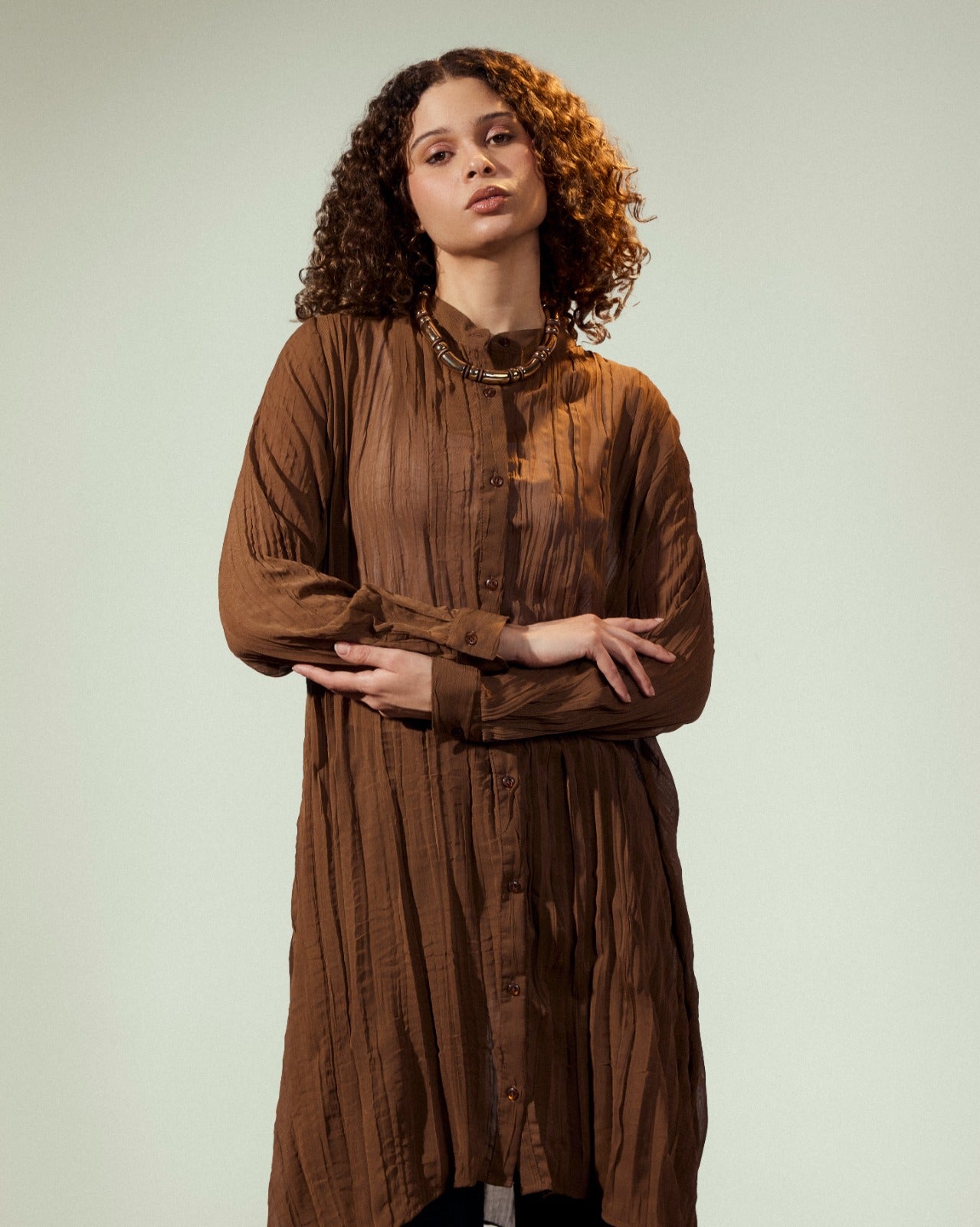 high low chiffon tshirt-BROWN