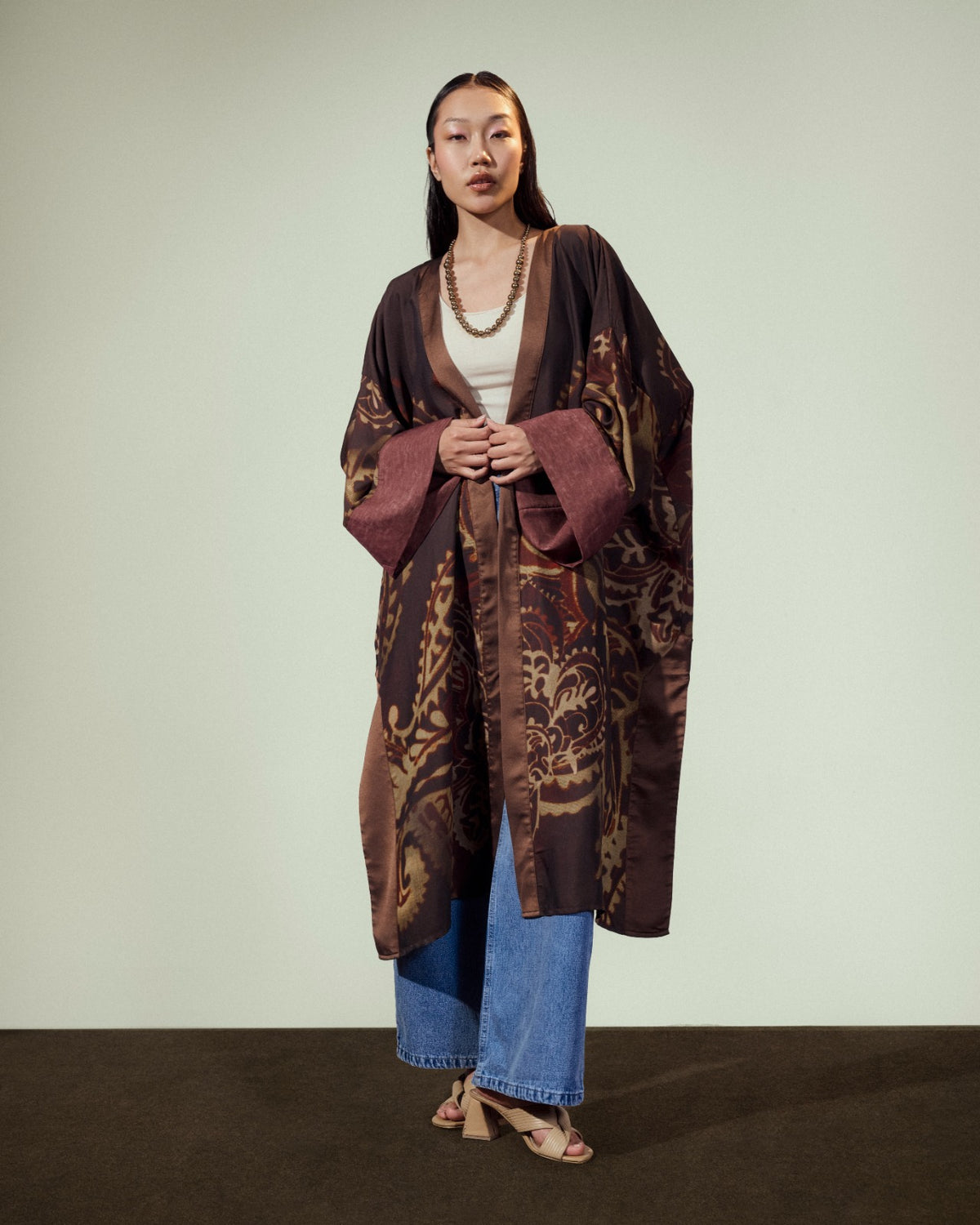printed kimono-BROWN
