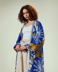 BORDERED PRINTED CARDIGAN-BLUE