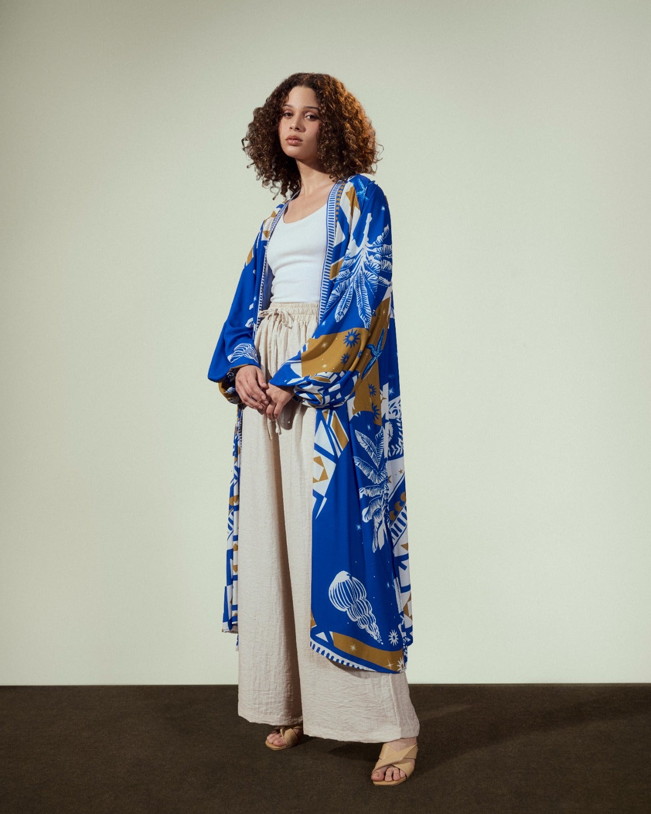 BORDERED PRINTED CARDIGAN-BLUE