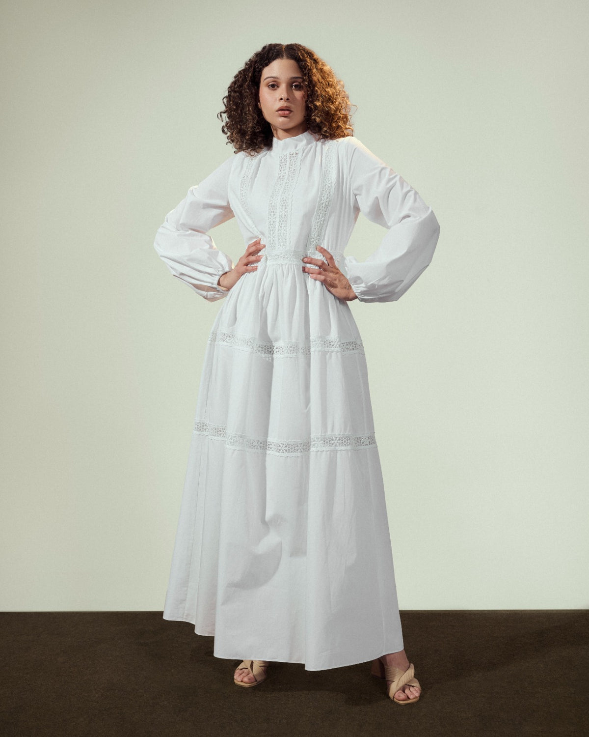 laceribbon poplin DRESS-WHITE
