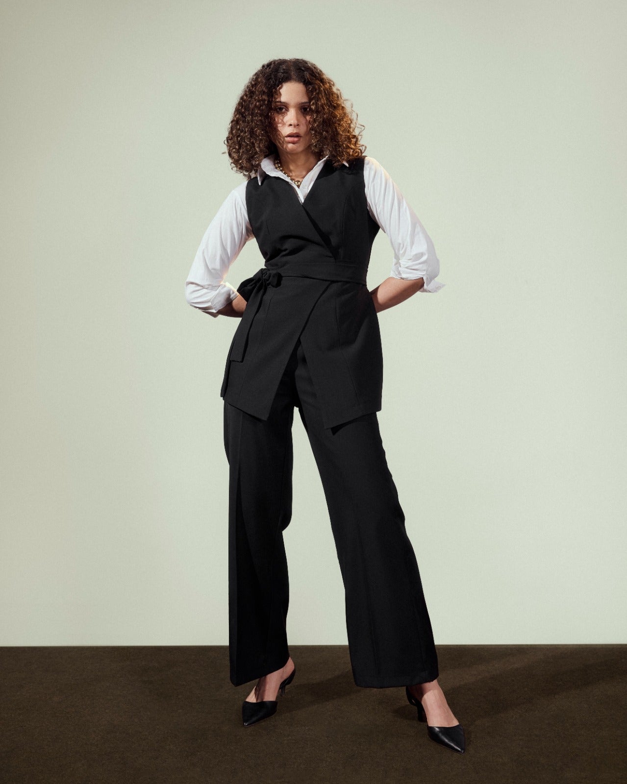 WRAPPED LONG VEST-BLACK