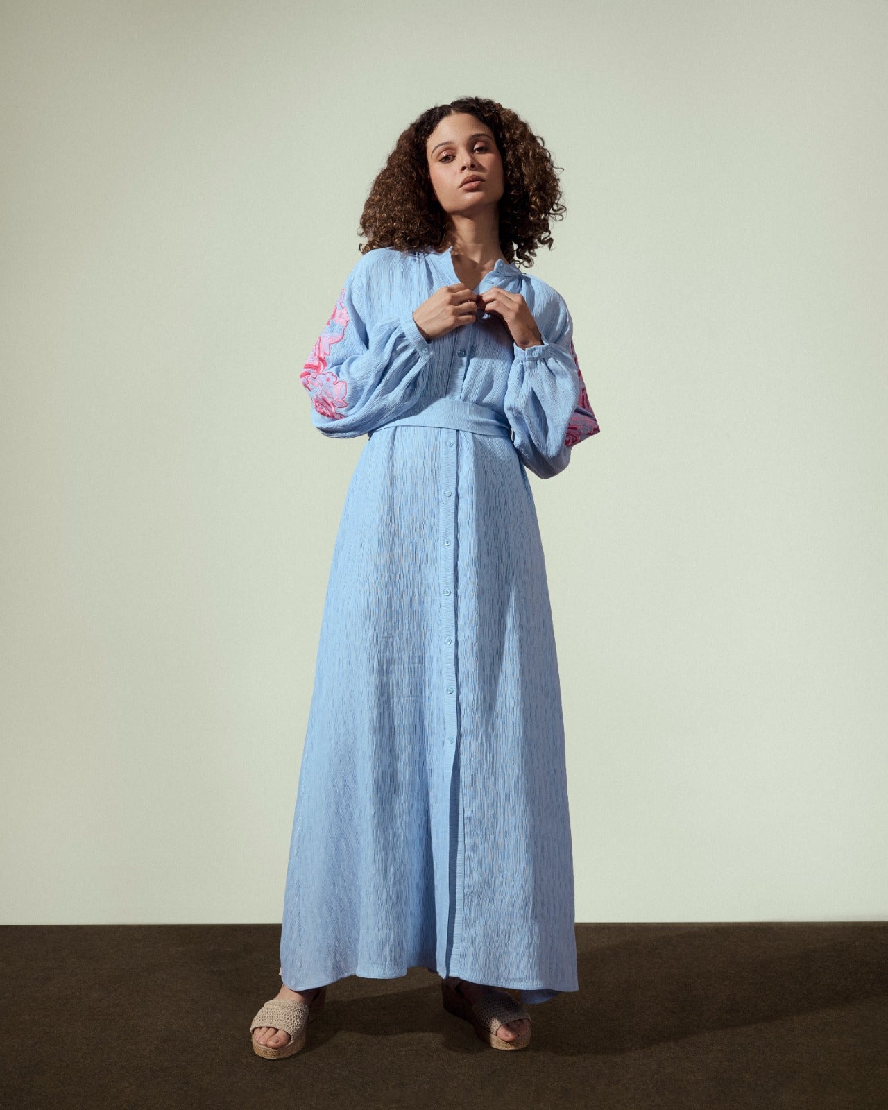 EMBROIDERY LONG SHIRT DRESS-BABY BLUE