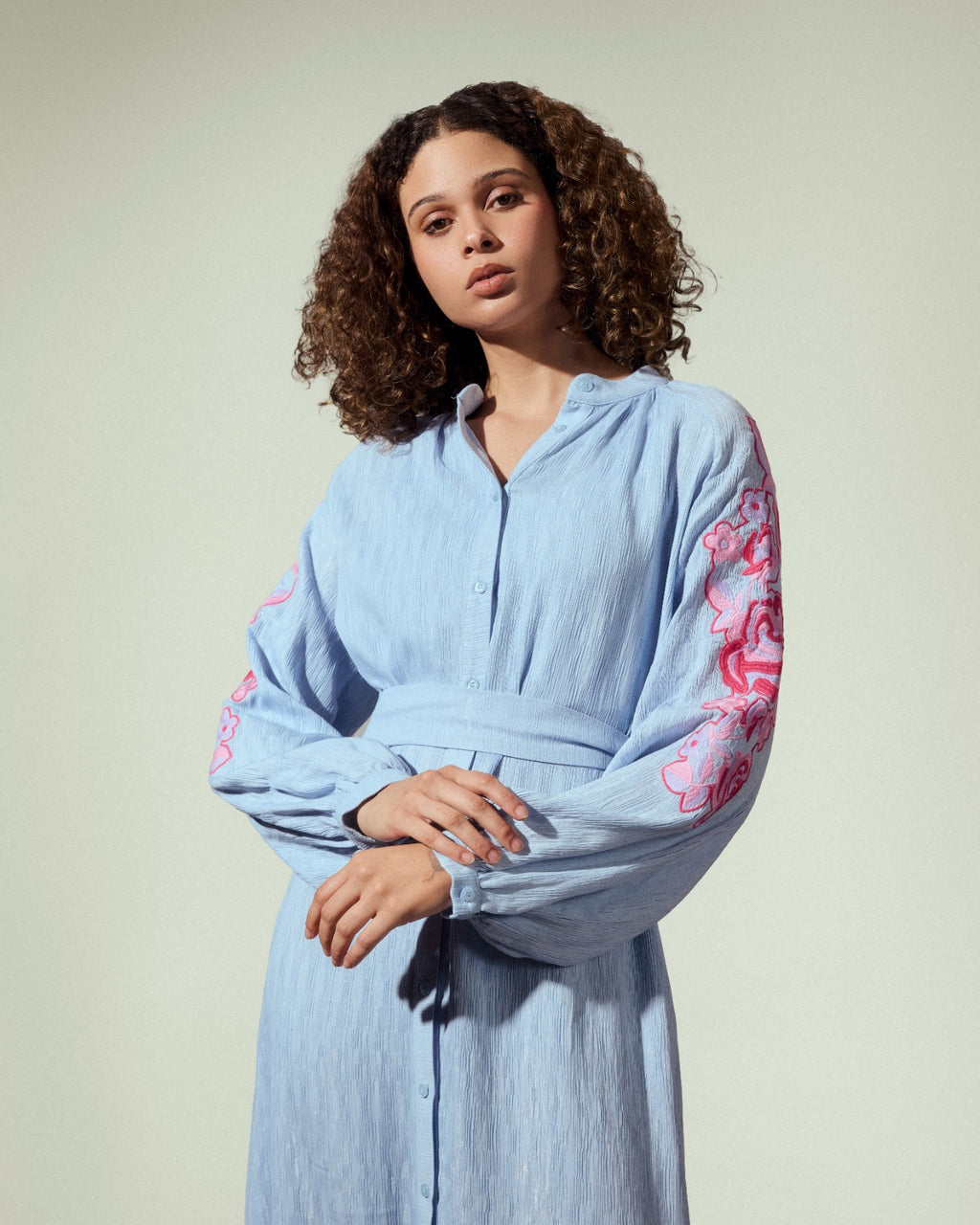 EMBROIDERY LONG SHIRT DRESS-BABY BLUE