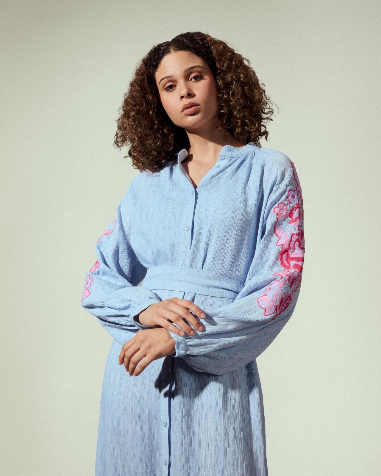 EMBROIDERY LONG SHIRT DRESS-BABY BLUE