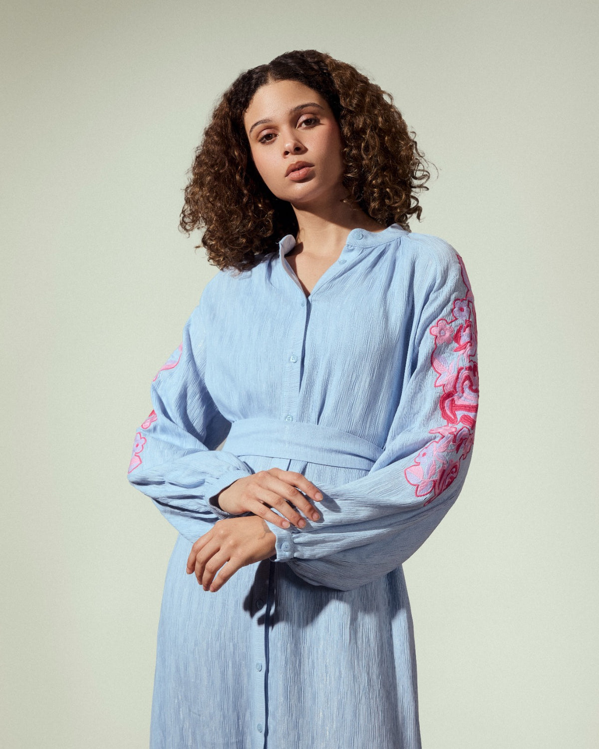 EMBROIDERY LONG SHIRT DRESS-BABY BLUE