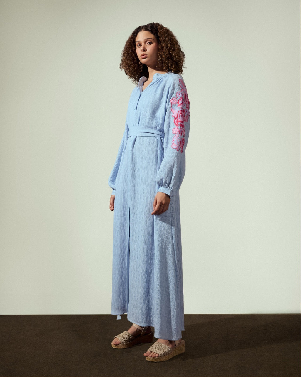 EMBROIDERY LONG SHIRT DRESS-BABY BLUE
