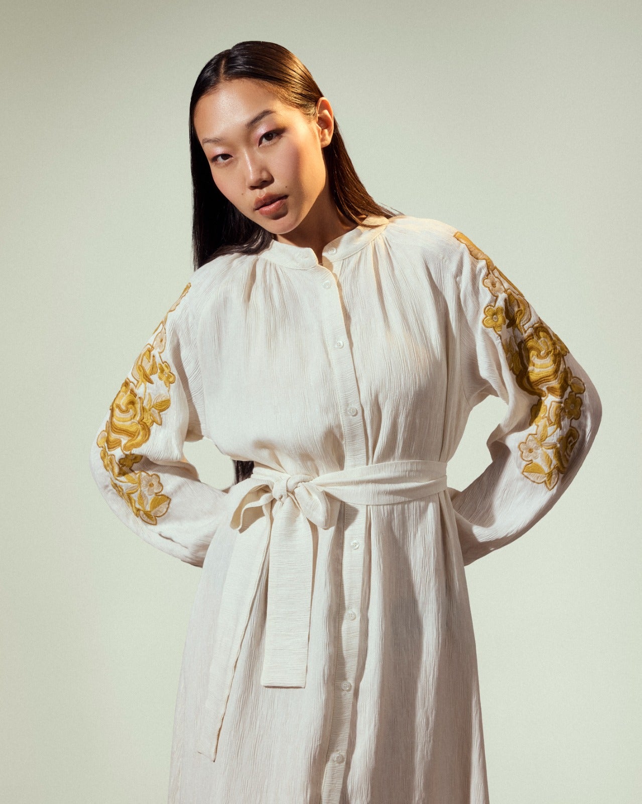 EMBROIDERY LONG SHIRT DRESS-OFF WHITE