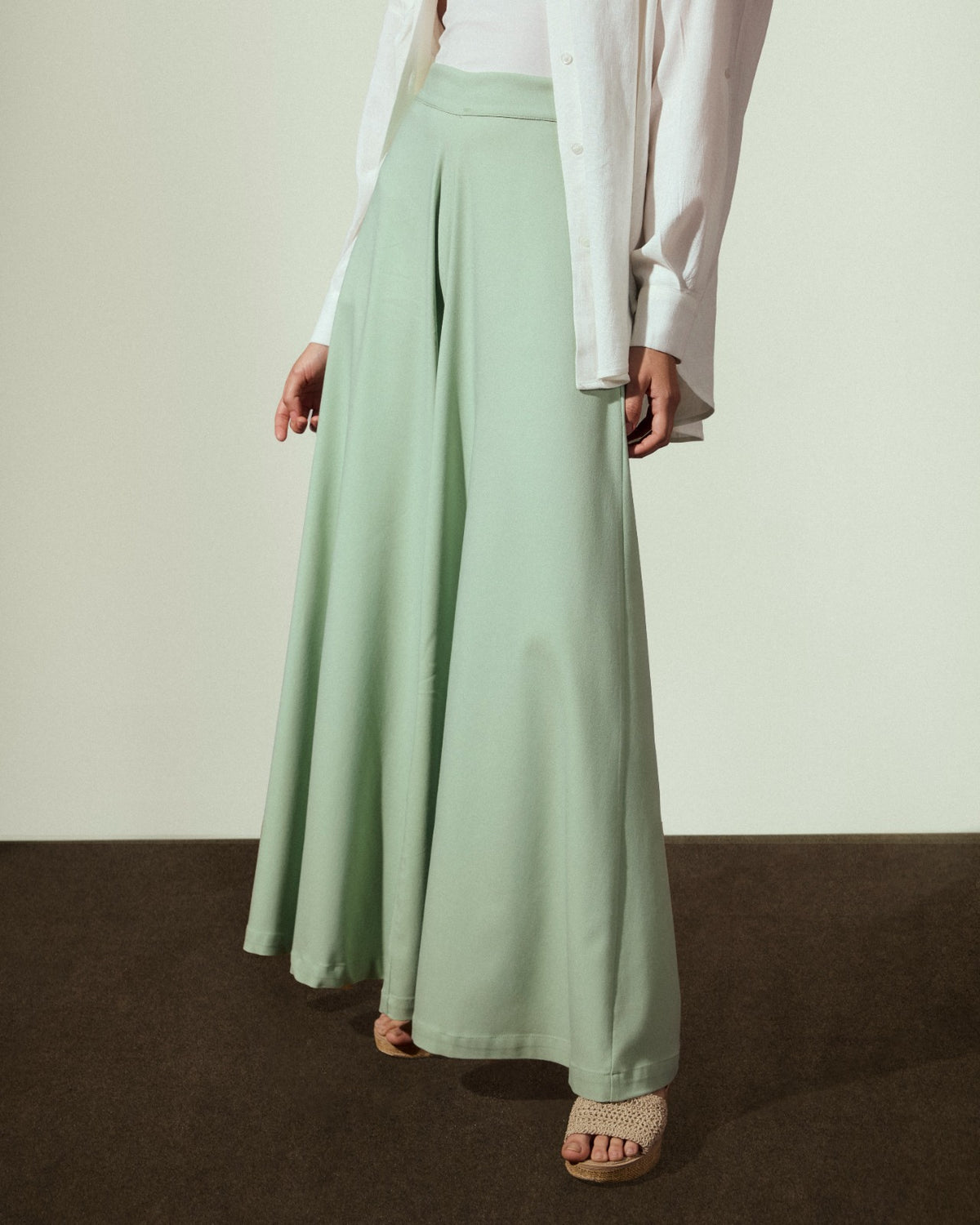 PLAIN WIDE LEG PANTS-MINT GREEN
