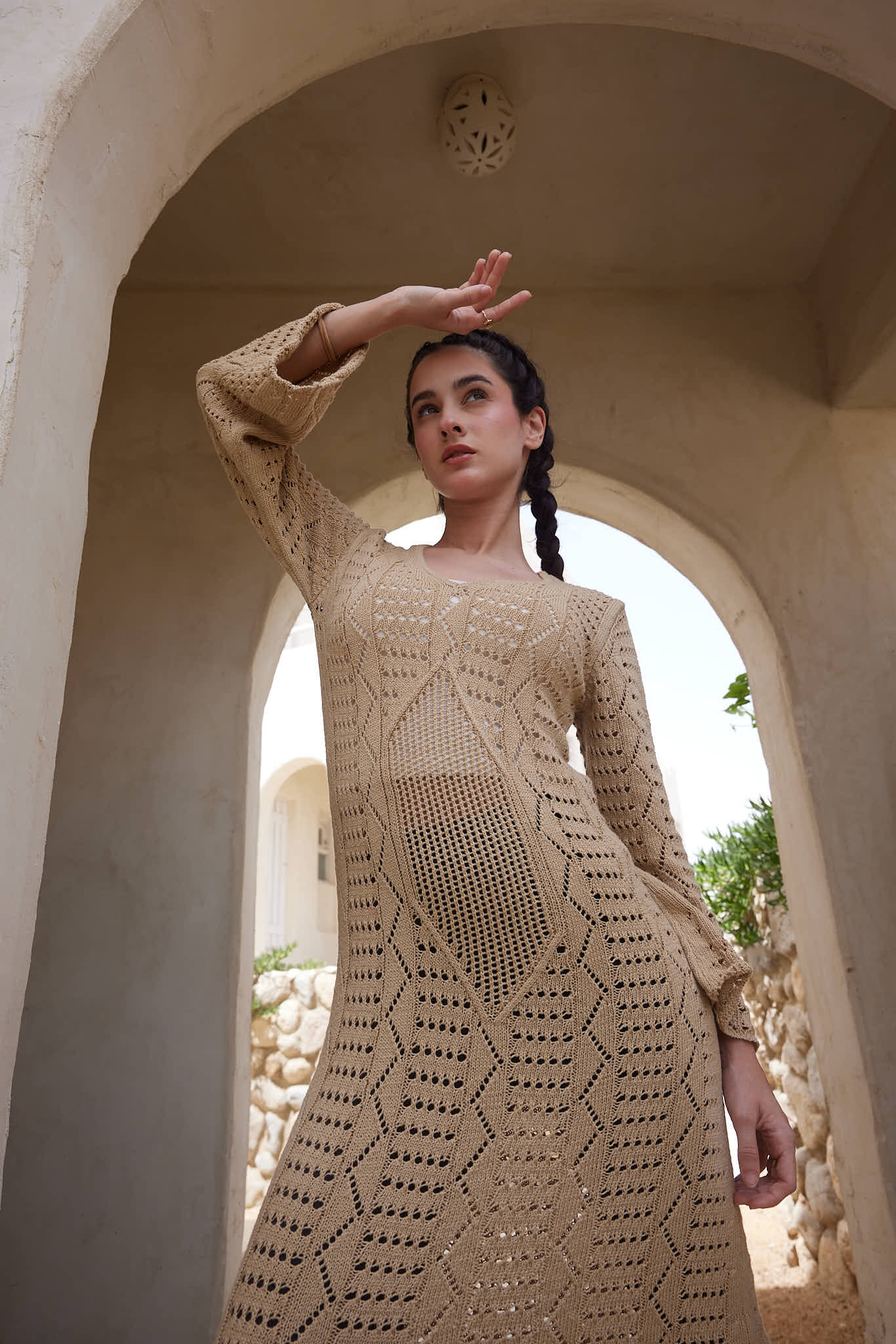 V-NICK KNIT DRESS-BEIGE