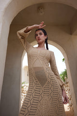 V-NICK KNIT DRESS-BEIGE