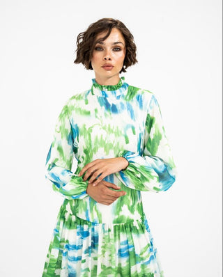 PRINTED RUFFLE DRESS -GREEN