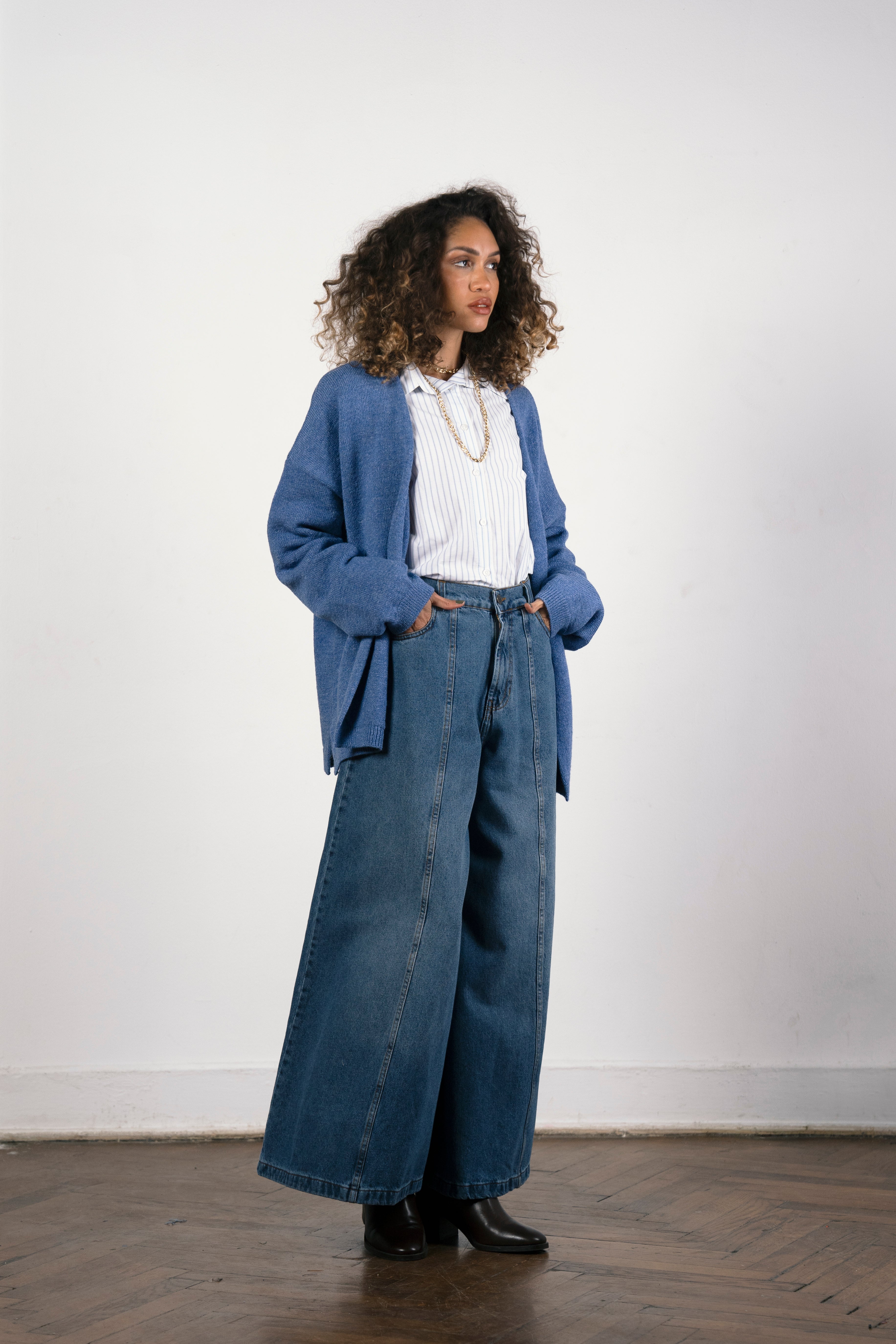 STRIPPED WIDE LEG DENIM PANT -BLUE