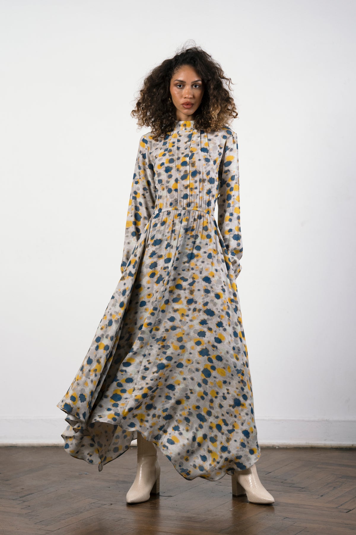 HIGH LOW PRINTED DRESS -YELLOW