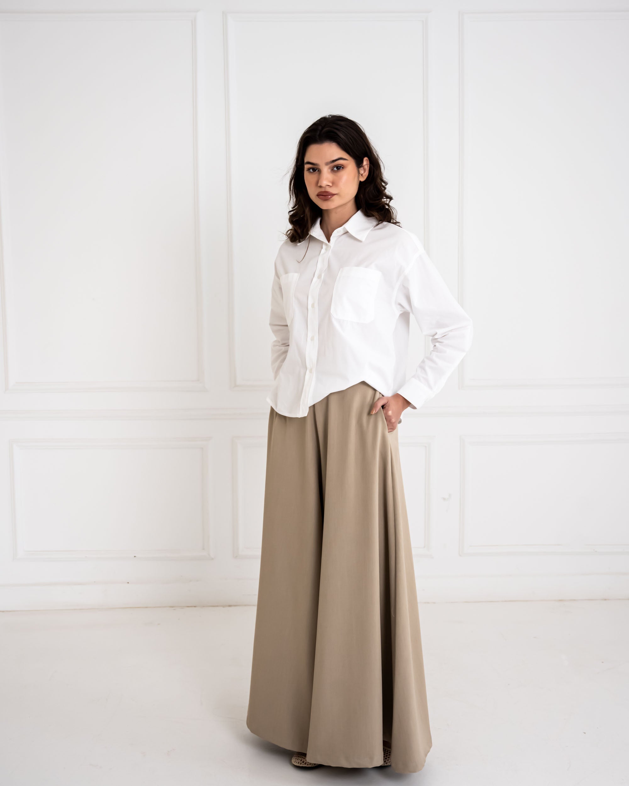 PLAIN WIDE LEG PANT-CAFE