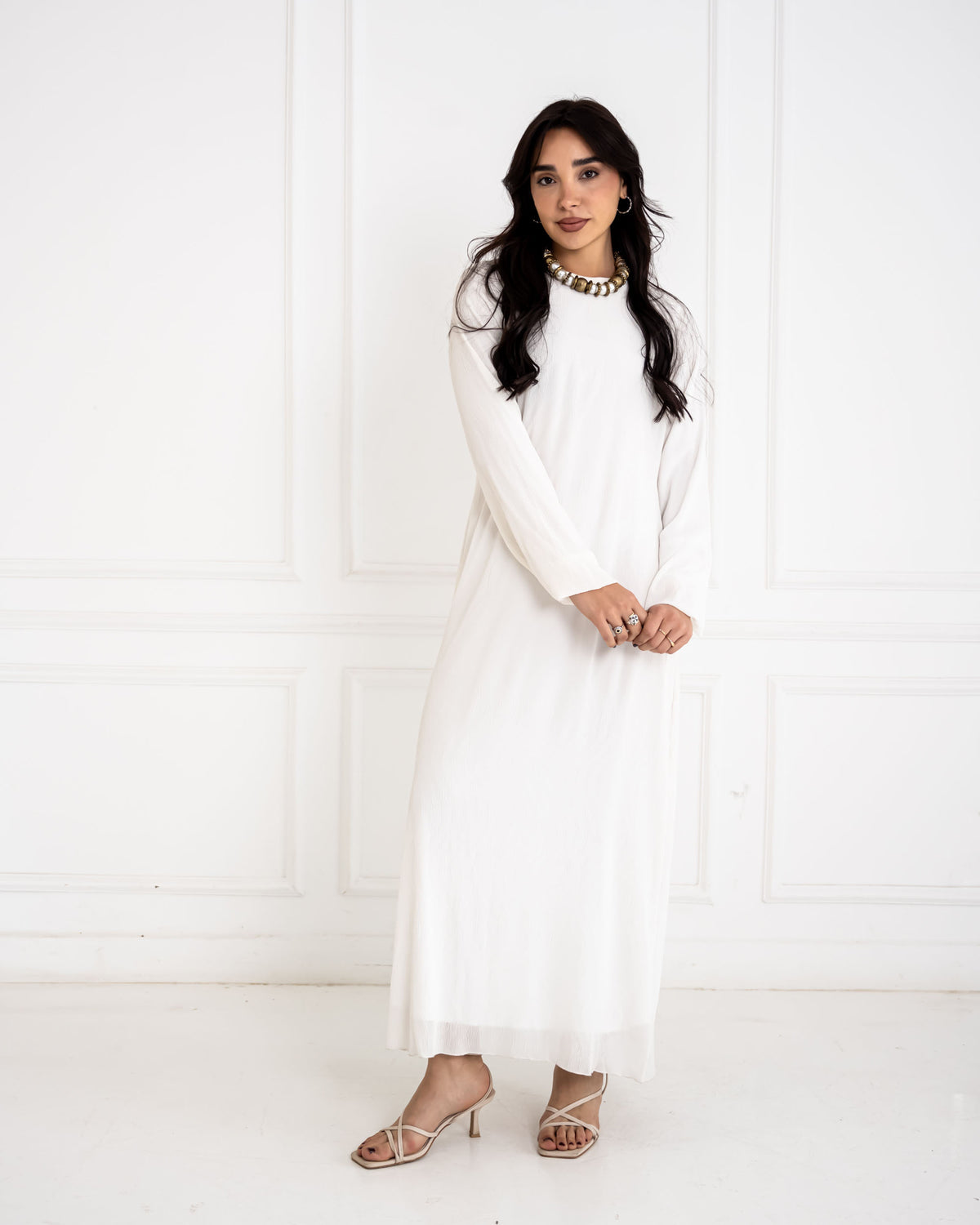 CHIFFON PLISSE DRESS-WHITE