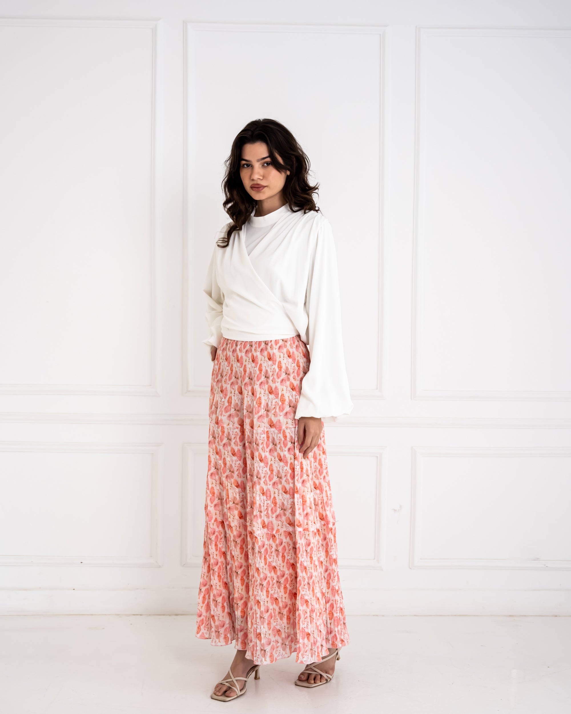 LAYERED CHIFFON PLISSE SKIRT-PINK