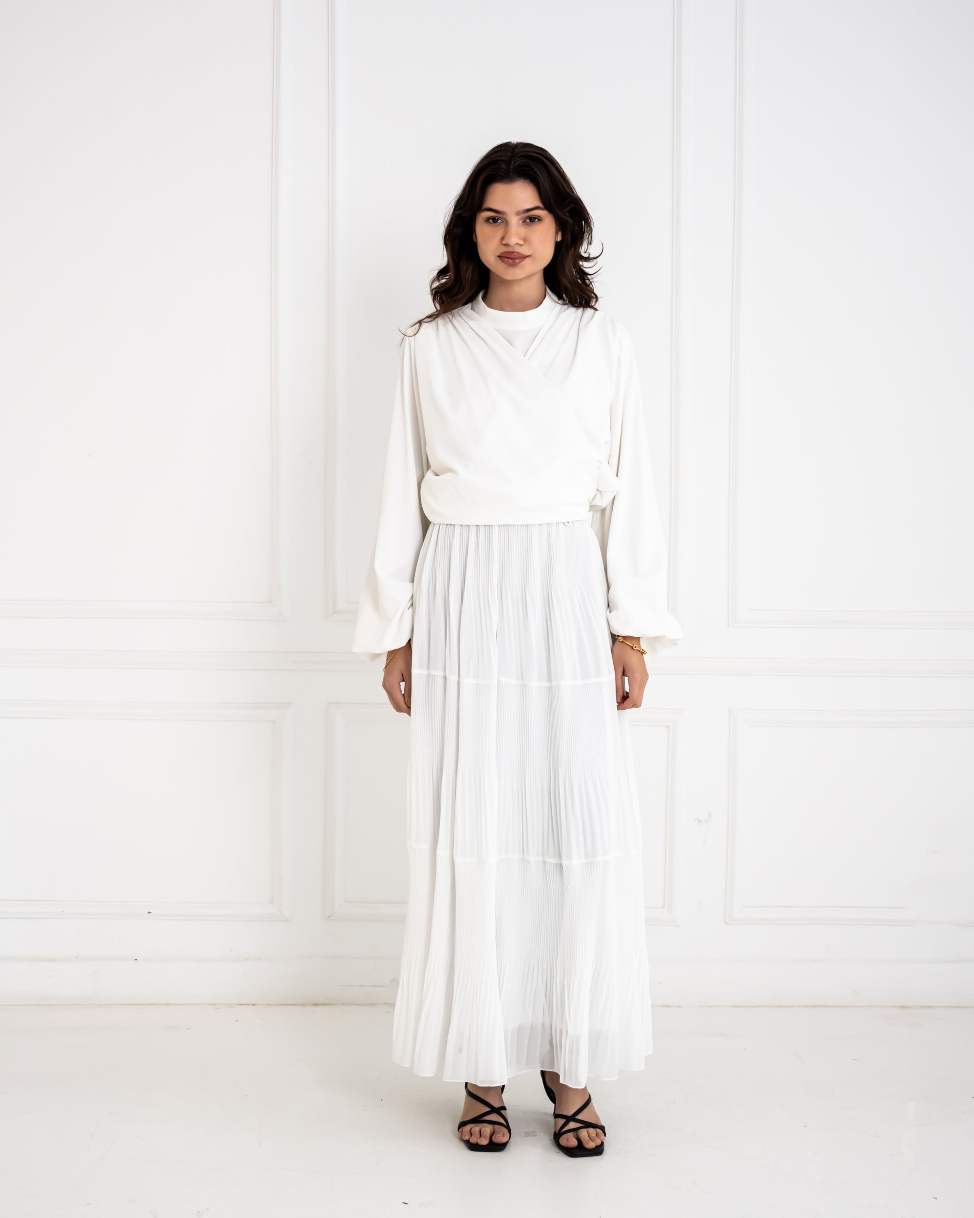 LAYERED CHIFFON PLISSE SKIRT-WHITE