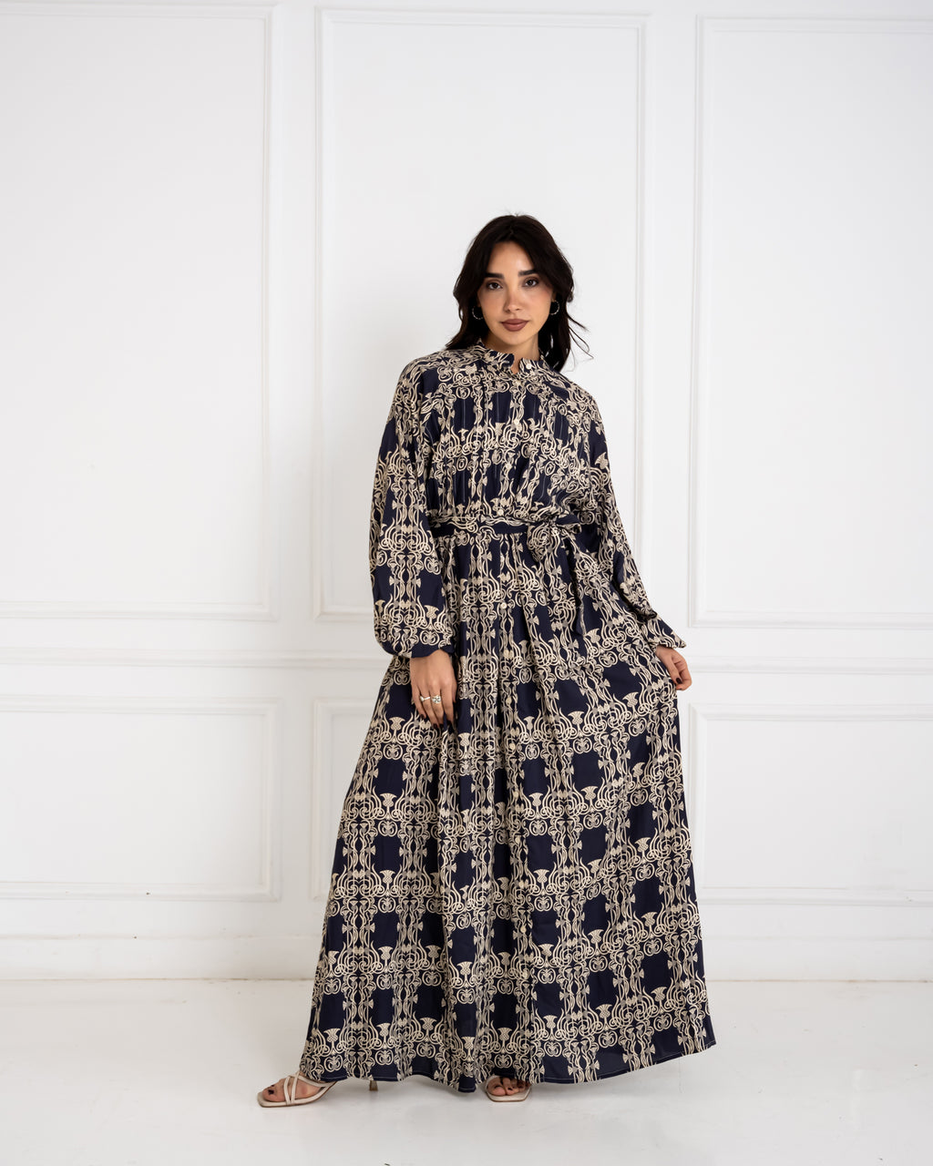 PRINTED COTTON SHIRT DRESS-BLUE BLACK