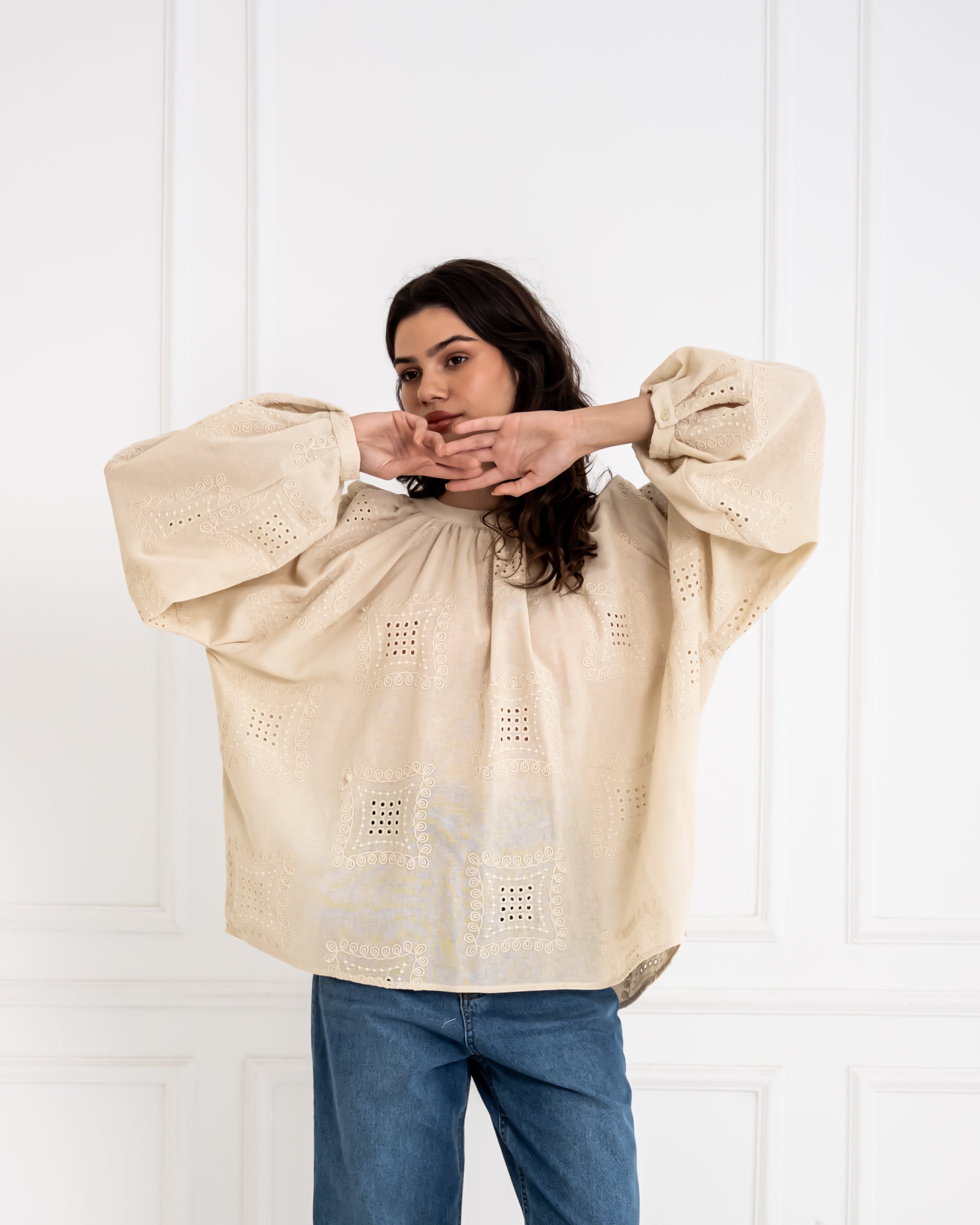 EMBROIDERED OVERSIZED BLOUSE -BEIGE