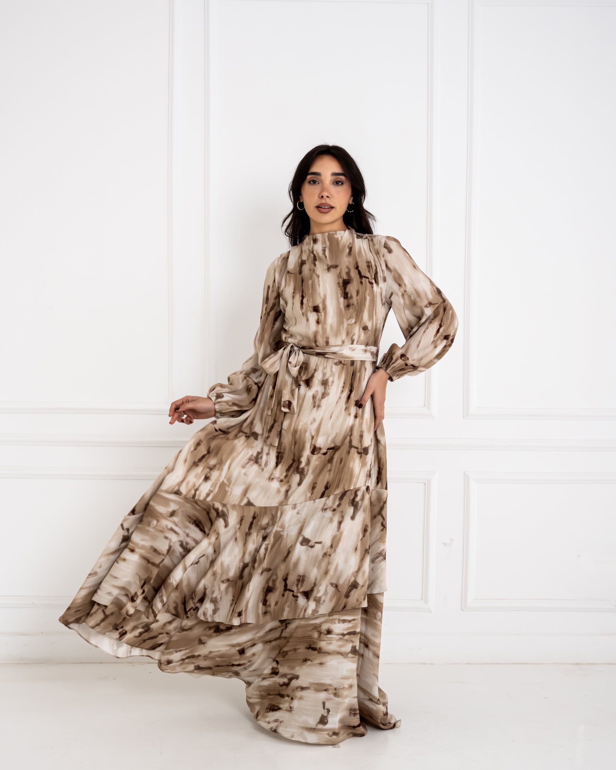RUFFLED PRINTED DRESS -BEIGE