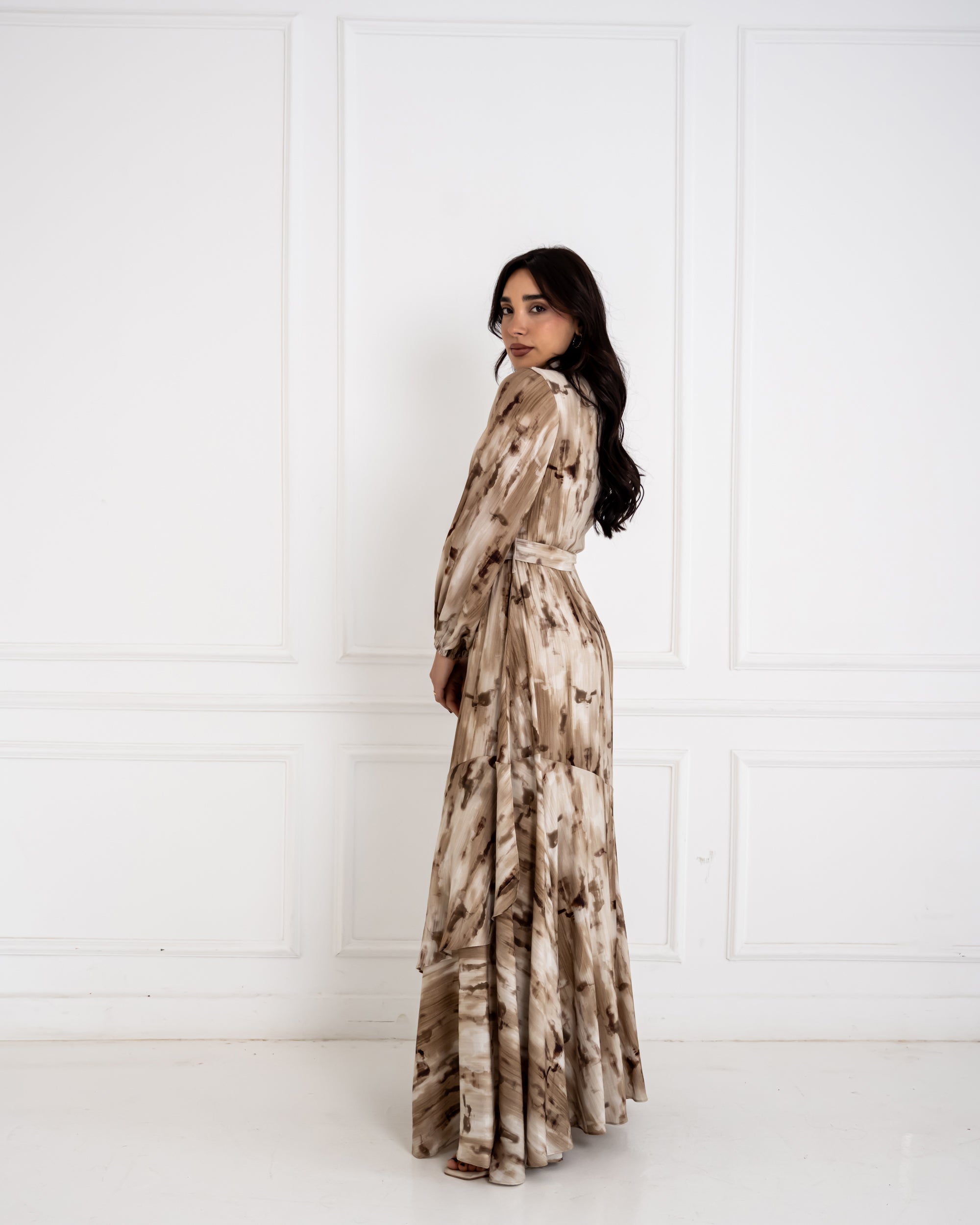 RUFFLED PRINTED DRESS -BEIGE