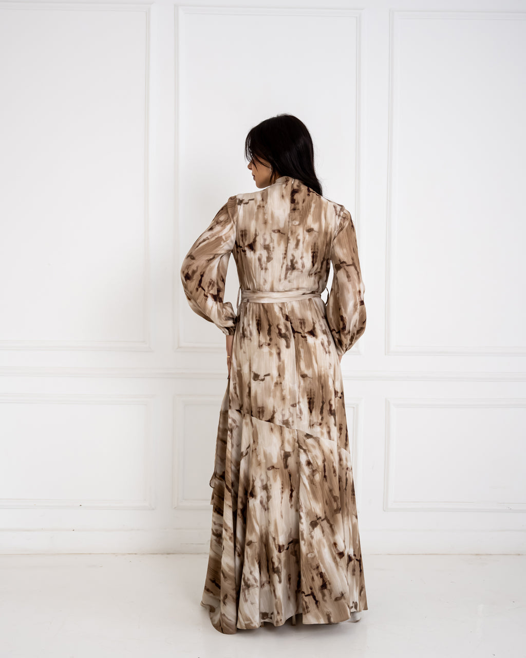 RUFFLED PRINTED DRESS -BEIGE