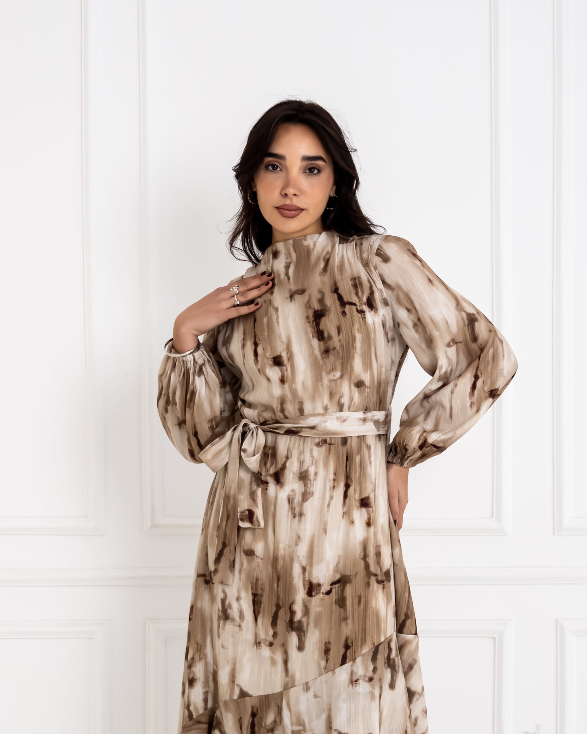 RUFFLED PRINTED DRESS -BEIGE