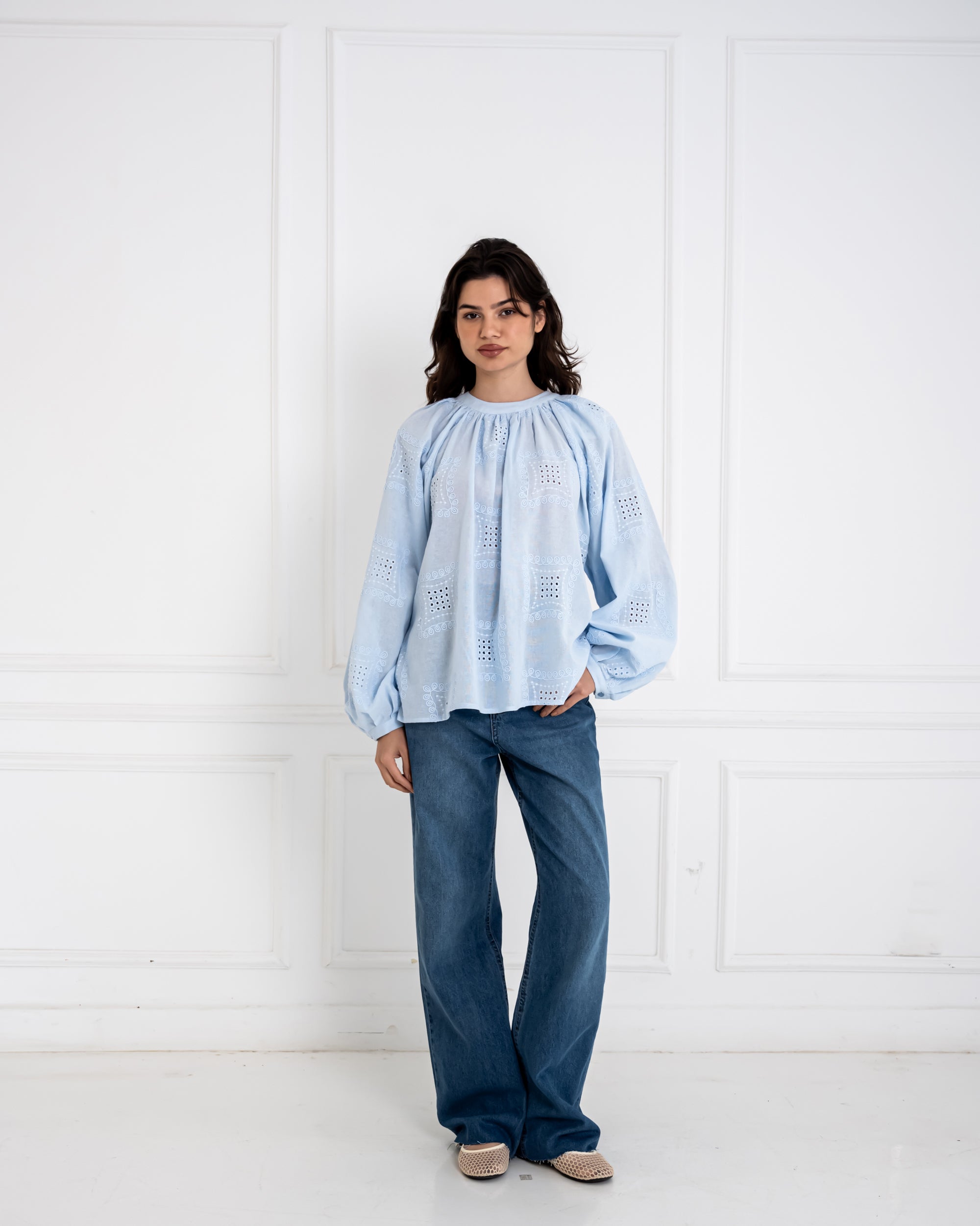 EMBROIDERED OVERSIZED BLOUSE -BABY BLUE