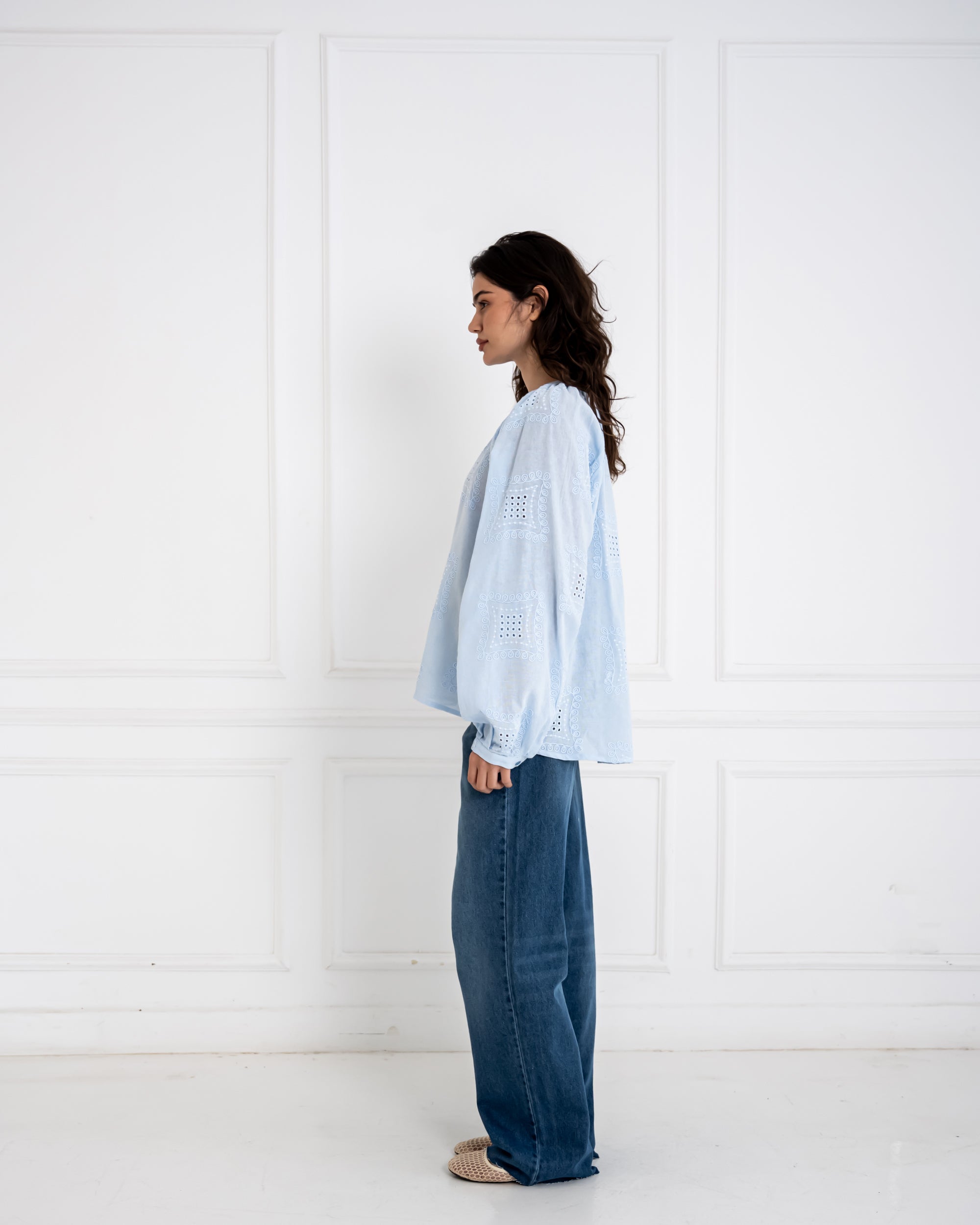 EMBROIDERED OVERSIZED BLOUSE -BABY BLUE