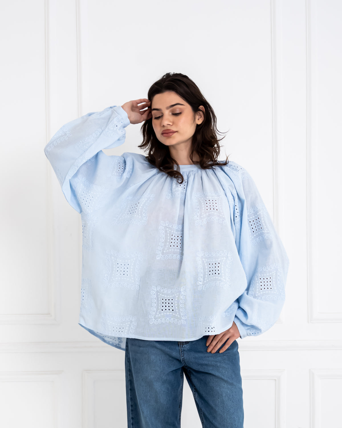 EMBROIDERED OVERSIZED BLOUSE -BABY BLUE